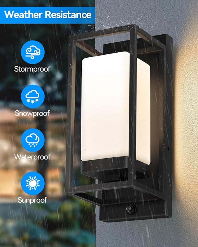 RAYVO Modern Outdoor Wall Light with Dusk to Dawn Sensor, Waterproof Exterior Light Fixture with E26 Base, 3000K LED Bulb Included, Black Metal Frame Outdoor Sconce Lights for Porch Garage Entryway