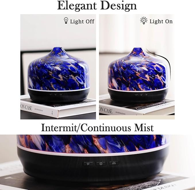 Porseme 500ml Glass Essential Oil Diffuser Aromatherapy Ultrasonic Cool Mist Humidifier 15-21 Running Hours Waterless Auto-Off Air Diffusers for Sleeping Yoga Working Spa(Deep Blue)