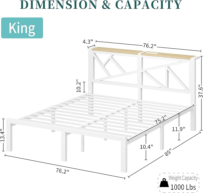 King White Metal Bed Frame with USB Charging Station, LED Ambient Lighting, and Wooden Storage Headboard - Includes Under-Bed Storage, No Box Spring Needed, Noise Free, Easy to Assemble