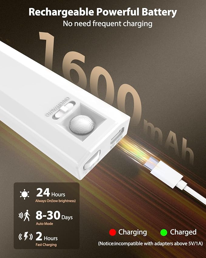 10inch Under Cabinet Lighting, 68 LED Rechargeable Motion Sensor Light Indoor, 6 Levels Dimmable Magnetic Closet Lights, Wireless Under Counter Lights for Kitchen, Stairs, Bedroom, 2-Pack Warm Light