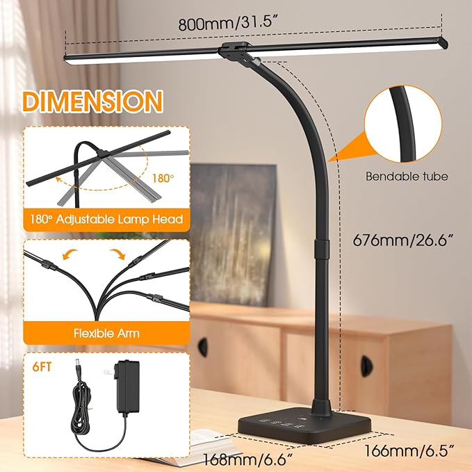 ShineTech LED Desk Lamp for Home Office, 24W Double Head Desk Light with Wireless Charging, USB Port, 25 Lighting Modes Adjustable Lamps