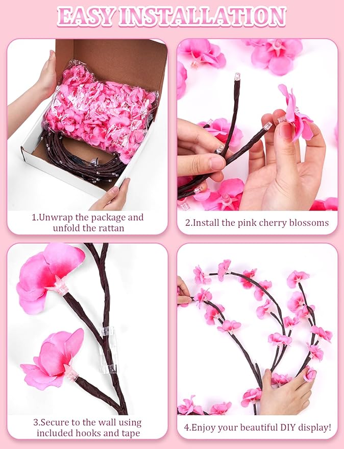 Cherry Blossom Lights for Room Decor Aesthetic,7.55 FT DIY Pink Cherry Blossom Wall Decor with 144 LED Flower Lights,Remote Timer,8 Lighting Modes,Blossom Tree Branch Lights,Vine Lights for Bedroom