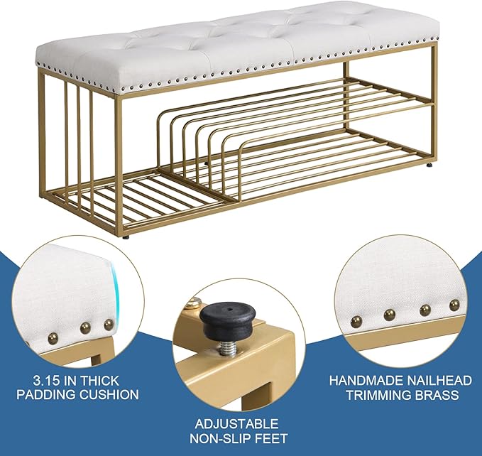 Linen Bench with Storage-Entryway Shoe Storage with Tufted Padded Seat,Gold Mental Frame Ottoman Bench for Bedroom Entry Window Mudroom Living Room,Beige