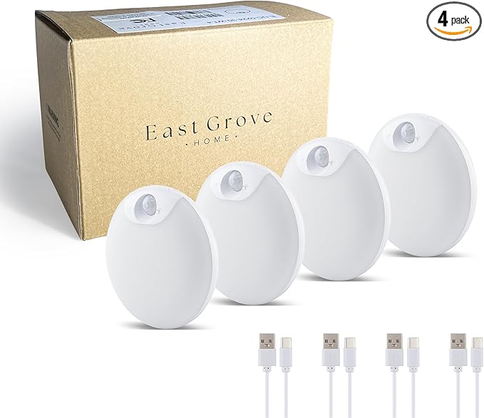 Magnetix 3in Re-Chargeable LED Under Cabinet Motion Sensor Puck Light with Magnetic Mounting Clips, Dimmable and 3000K CCT in White (Pack of 4) for Kitchens, Closets, and Stairs