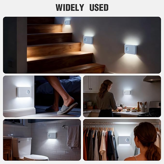 6 Pack Wireless Rechargeable Motion Sensor Stair Light, Smart Led Motion Activated Battery Operated Night Lights, RGBW Stick On Closet Lamp Indoor for Step Cabinet Hallway Bathroom Stairway