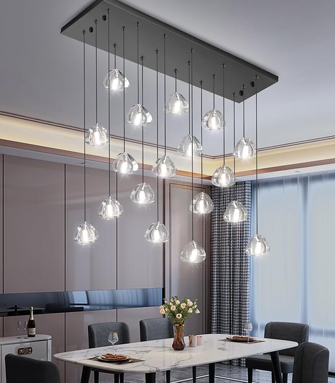 W35 x D11.8 x H118 Rectangular Chandelier Bubble Crystal Balls Glam Chandeliers Dimmable Light High Ceiling Pendants Light Fixtures Adjustable Long Lights Black