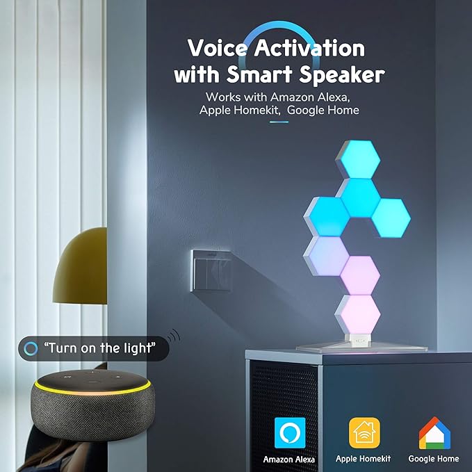 Yescom APP Control 7 Pack Smart LED Light Panels Hexagon Smarter Plus Kit Works Alexa, Google Assistant Hexagonal Modular Voice Music Control Dynamic Lamp for Gaming Setup Bar Bedroom Party Decor
