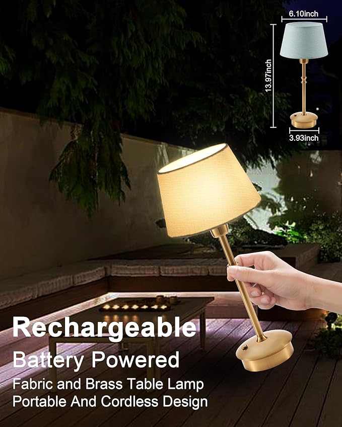 UMEXUS Small Cordless Lamp Rechargeable Table Lamps Set of 2, Dimmable Battery Operated Lights, Portable Accent Light for Side Table Restaurant Dining Outdoor, Blue Fabric Shade, Antique Brass