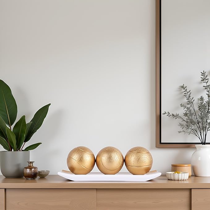 Small Decorative Tray and Orbs Balls Set,Gold Decorative Balls with Centerpiece Bowls for CoffeeTable,Living Room,TV Stand,Center Pieces Decoration for Table,Centro de Mesa de Comedor (White Gold)