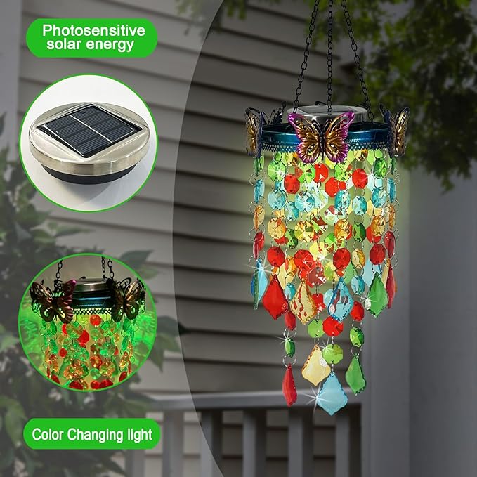 Hanging Solar Lanterns Outdoor Chandelier,Colorful Metal Butterfly with Acrylic Crystal Wind Chimes for Outside,Solar Lights Color Changing LED Outdoor Decorative for Paito,Porch,Yard