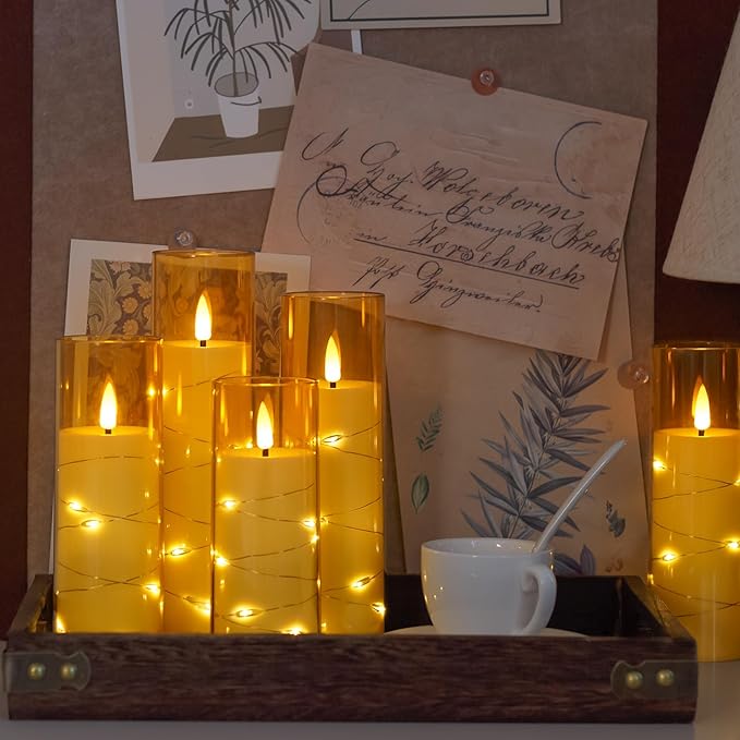 Flameless Flickering 2.2" x5" 6" 7" 8" 8" Candles, LED Battery Operated Gold Clear Plastic Timer Pillar Realistic Wick Candles (Long Lasting 500 Hrs, Pack of 5)