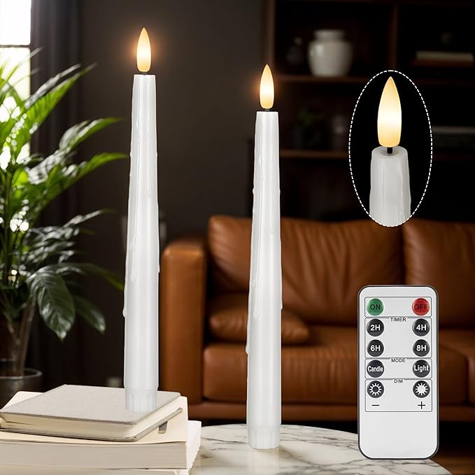 White Flameless Taper Candles with Remote and Timer, 9.68" Dripping Wax Look Battery LED Candlesticks with 3D Flickering Flame, Plastic Candle Set of 2 for Christmas, Wedding, Home Decor