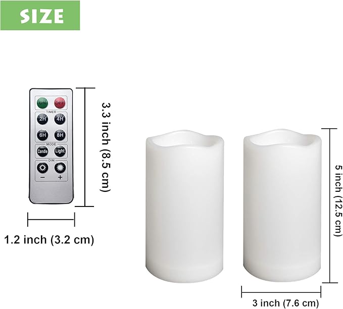 2 Pack Outdoor Flameless Pillar Candles with Remote and Timer Waterproof Battery Operated Electric LED Candle Set for Gift Home Décor Party Wedding Supplies Garden Christmas Decoration, 3” x 5”