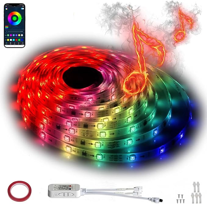 Upgrade Smart RGB Music Sync Multiple Colors Chasing 16.4ft neon Led Strip Lights Cuttable and Linkable, Flexible Outdoor Led Strip Lights Waterproof, APP Control led lights strip Whiteboard
