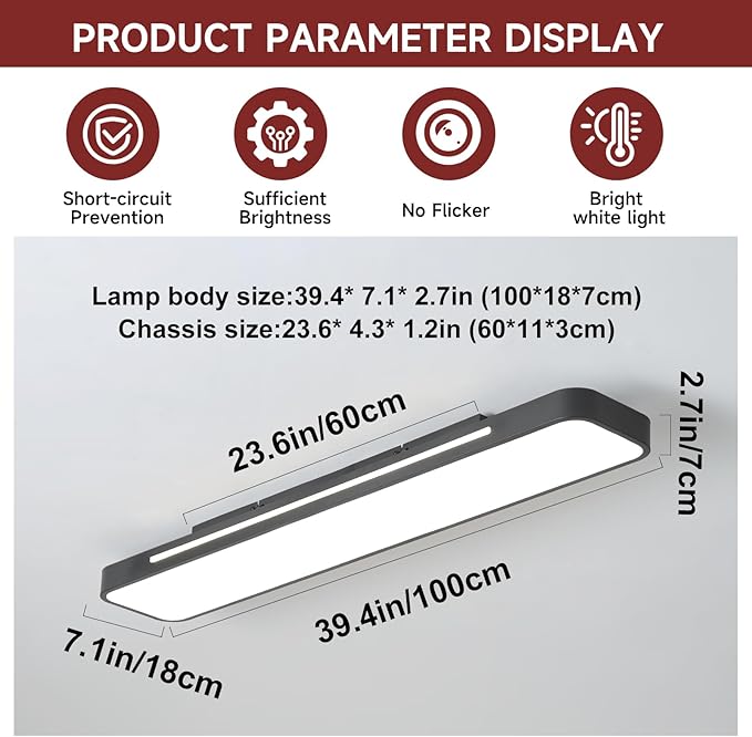 Modern LED Ceiling Light, 60W 6000K Linear Black Flush Mount Light Fixture, 39.4'' Low Profile Light Fixture Long LED Ceiling Lamp for Bedroom Living Room Hallway Kitchen (Cool White Light)