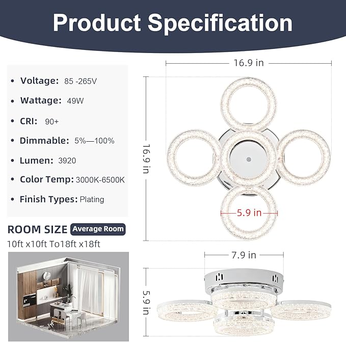 OKELI Modern Ceiling Light, 5 Rings 16.9'' Dimmable LED 49W Flush Mount Ceiling Lights with Remote Acrylic Crystal Round Ceiling Light Fixture, Bedroom Living Room Dining Room, Chrome