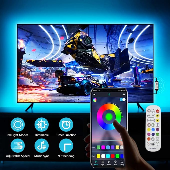 TV Backlight, RGB LED Strip Lights for PC Computer,9.8ft/3m Behind TV Bias Lighting,Music Sync & Timer Function,Dual Control,USB Powered,Gaming Room, Home Theatre Decor