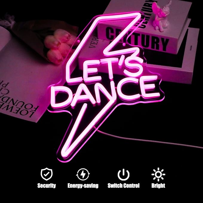 Let's Dance Neon Sign Pink Led Word Light Sign Lightning Bolt Neon Light Dance Light Up Signs Letter Neon Signs for Bedroom Bar Wedding Birthday Dancing Party Prom Night Decor Girl Gifts
