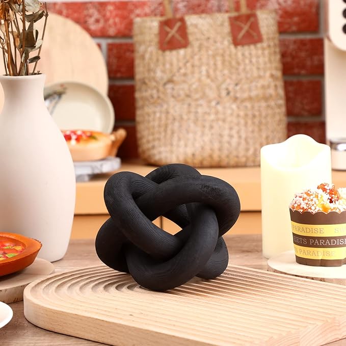 3 Link Wood Knot Decor Rustic Home Décor Accents Hand Carved Coffee Table Decoration, Boho Chain Link Decoration, Modern Shelf, Rustic Objects for Home Living Room Bedroom(Black)
