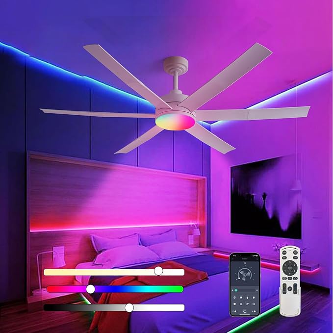 60" Smart Ceiling Fan with RGB Chasing Lights – Quiet DC Motor with Sectional Blades Dimmable CCT via App & Remote Control, Fits Flat or Sloped Ceiling Mount for Large Living Rooms, White