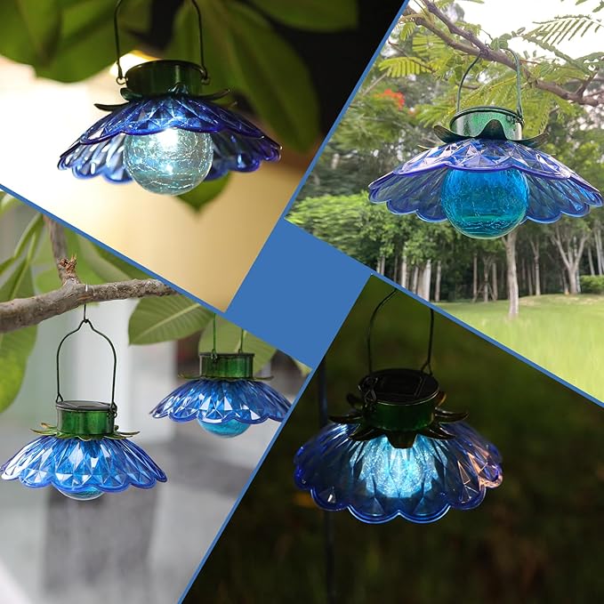 XUWEN Solar Lights Outdoor Waterproof - Blue Solar Flower Lights with Crackle Globe Glass Light, Hanging Lanterns Decorative Outdoor for Yard Walkway Lawn Fence,Christmas Housewarming Gifts for Women.