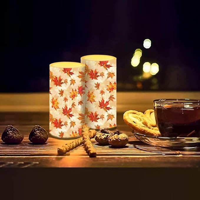 Maple Leaf Decorative Fall Candles for Home Decor Flameless Candles with Remote and Timer LED Candles Flickering Battery Operated Fake Candle for Thanksgiving Holiday Party Room Table Decor