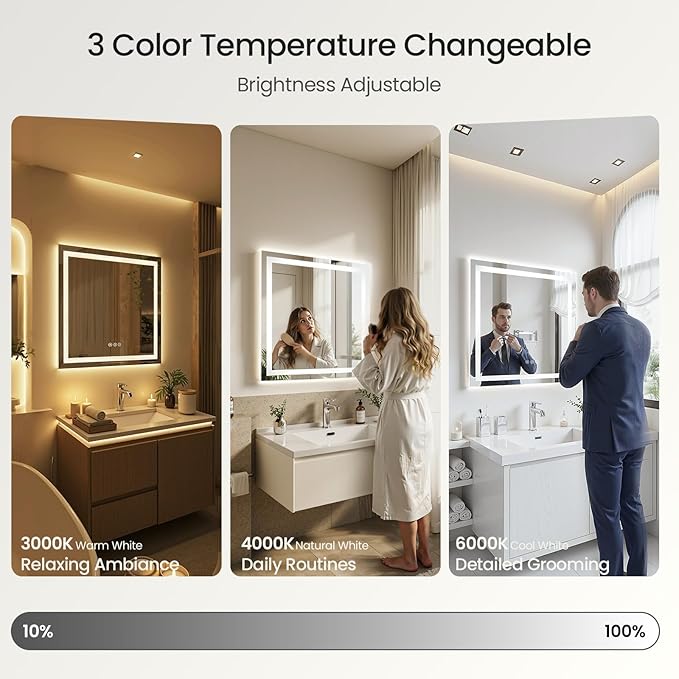 24X30 LED Bathroom Mirror with Lights, Anti-Fog, Dimmable - Lighted Bathroom Vanity Mirror with Front & Back Light, 3 Color Temperatures, Memory Function, Tempered Glass (Horizontal/Vertical)