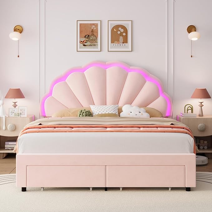 HIFIT Queen Upholstered Smart LED Bed Frame with 2 Storage Drawers & Adjustable Chic Double Petal Headboard, Velvet Princess Platform Bed with Solid Wood Slat/No Box Spring Needed/Easy Assembly, Pink
