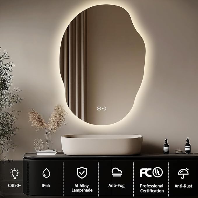 LED Bathroom Mirror with Lights 25x35, Dimmable Irregular Backlit Vanity Mirror with 3 Colors, Anti-Fog, Memory, Al-Alloy Lampshade, Frameless Smart Mirror for Bathroom (Horizontal/Vertical)