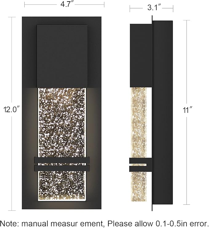 LED Integrated Outdoor Wall Light, Modern Exterior Wall Sconce with Crystal Bubble Glass, 12W 3000K Wall Mount Lighting Matte Black Finish Porch Light for Living Room Entryway Doorway 2 Pack