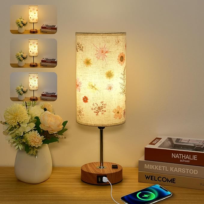 Flower Touch Table Lamp,3-Way Dimmable Bedside Lamps with USB Port and Outlet,Cute Lamp with Wood Grain Base,Vintage Lamp for Bedroom,Dormitory,Room Decor,flower2