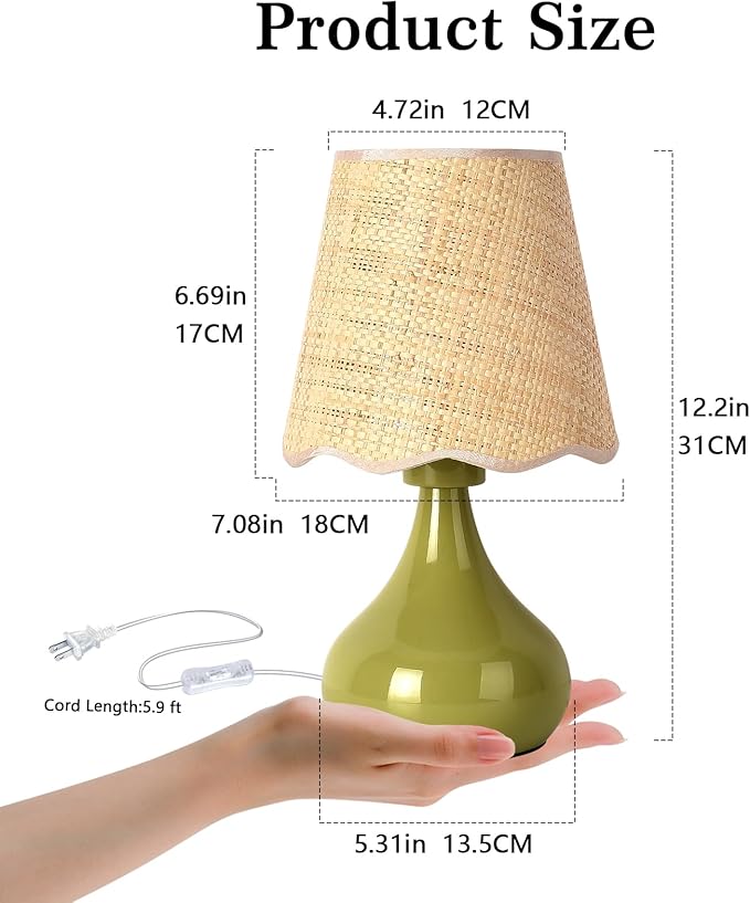 Green Cute Small Boho Table Lamp for Bedroom Bedside, Green Lamps for Nightstand, Scalloped Rattan Shade Table Lamps for Small Spaces for Bedroom, Home Office, Living Room, Kids Dorm