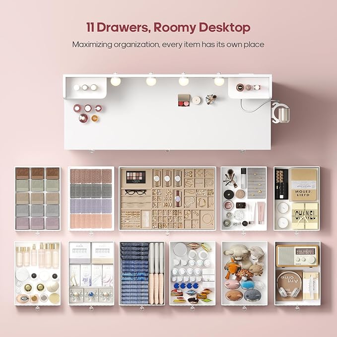 Vanity with Lights and Mirror, 11 Drawer Makeup Vanity with Power Strip, 6 Open Shelves, 43.3” Vanity Desk with Storage, Dressing Table with 3 Color Modes for Bedroom, Women, Girls (White)