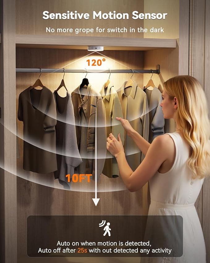 Puck Lights with Remote, Rechargeable Under Cabinet Lighting, 3 Color Temps, 12 RGB Color LED Motion Sensor Lights Wireless, Dimmable Tap Lights for Closet, Kitchen, Shelf, Stair, 2 Pack