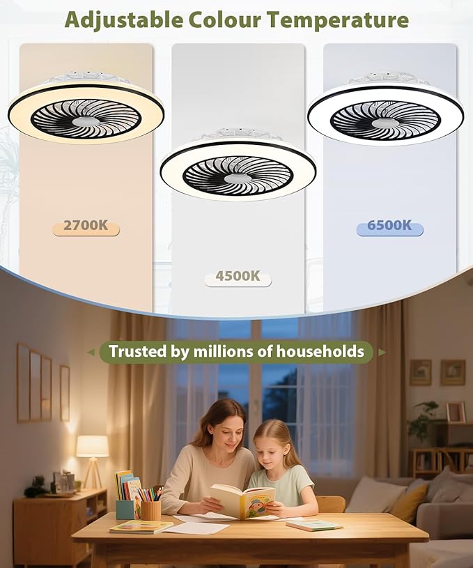 2-in-1 Low Profile Ceiling Fan with Light, 24” Caged Safety Design for Kids - RGB Color, Smart APP/Remote Control, Quiet Flush Mount DC Motor, Ideal for Bedroom/Living Room/Kitchen, Black