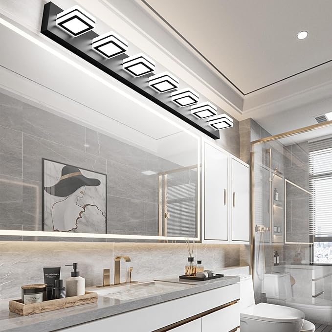 Ralbay 46inch Vanity Light Modern 7 Lights Black Bathroom Vanity Lighting Fixtures Over Long Mirror Acrylic Up and Down Matte Black Bathroom Wall Mounted Lights