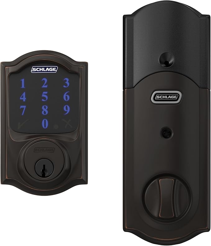 SCHLAGE BE469ZP CAM 716 SCHLAGE Connect Smart Deadbolt With Alarm Inbuilt Camelot Trim In Aged Bronze.