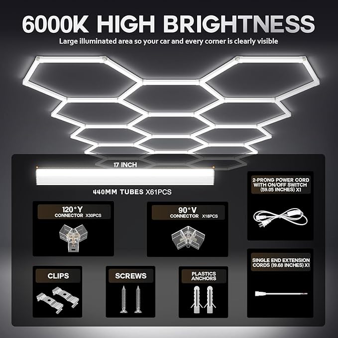 61Lights LED Hexagon Garage Lights,15-Hex Honeycomb Lights 68800Lumens Hexagon DIY Super Bright Car Detailing Ceiling 688W LED Shop Light for Warehouse Workshop Gym Basement