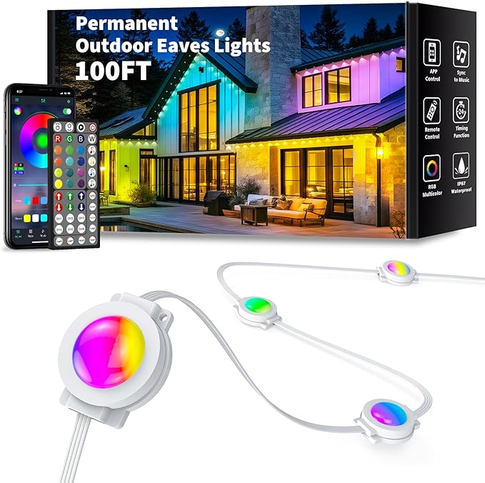 100FT Permanent Outdoor Lights, Smart RGB Eaves Lights with App/Remote Control, LED IP67 Waterproof Outdoor Lighting for Halloween Christmas Holidays Daily Party House Roof Lighting (100FT)