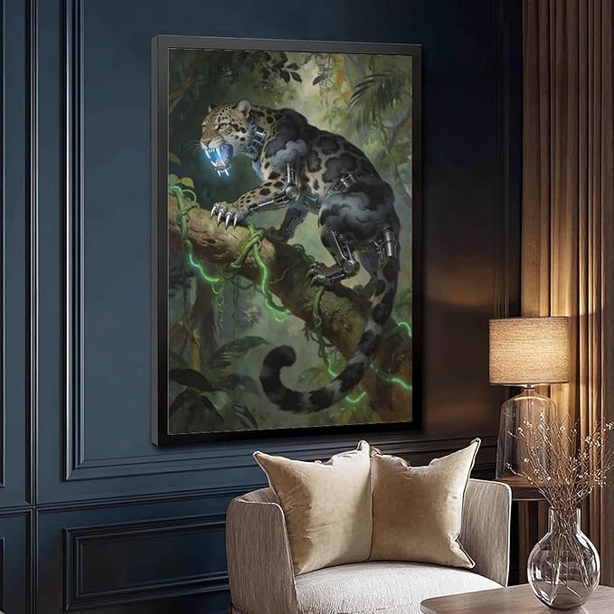 Framed Steampunk Mechanical Leopard Wall Art - Jungle Futuristic Beast Poster for Man Cave Living Room Decor 08x12in
