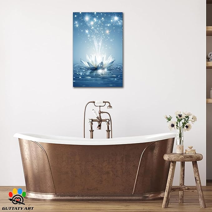 Zen White Lotus Flower Canvas Wall Art, Lotus Floral Pictures Wall Print, Spiritual Water Lily Canvas Prints, Lotus Bloom on Water Poster, Zen Meditation Spiritual Artwork for Yoga Spa Room 18x24 inch