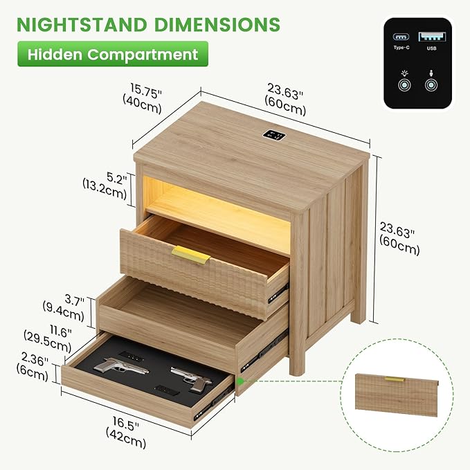 HNEBC Nightstand Set of 2 with Gun Drawer, Nightstands with Hidden Compartment, Larger Wider Bedside Table with Charging Station for Bedroom Dorm, Sofa, Office,Ideal Furniture & Decor-Natural