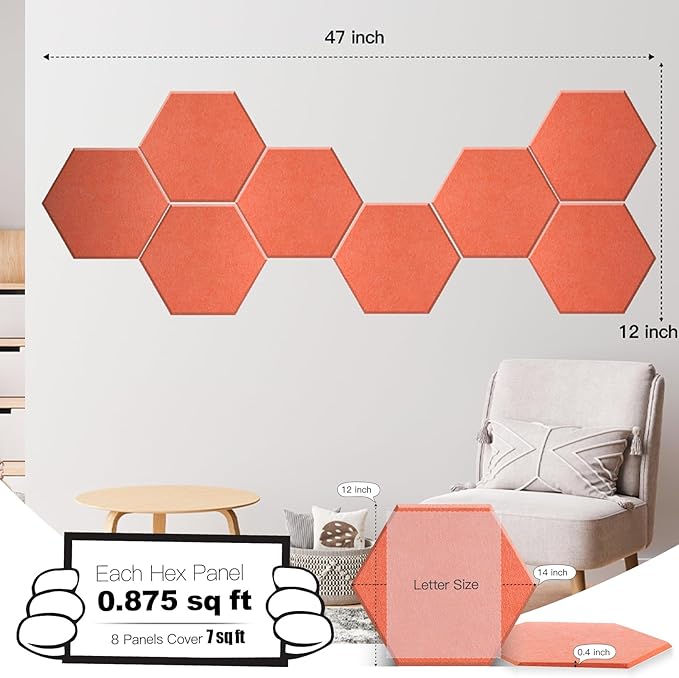 Mollywell Hexagon Acoustic Panels 14x12 - Reduce Echo & Reverb, Noise Blocking Wall Tiles for Studio & Creative Space, Orange Sound Absorbing Panels