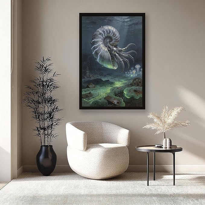 Framed Steampunk Mechanical Nautilus Wall Art - Underwater Industrial Poster for Man Cave Studio Decor 08x12in