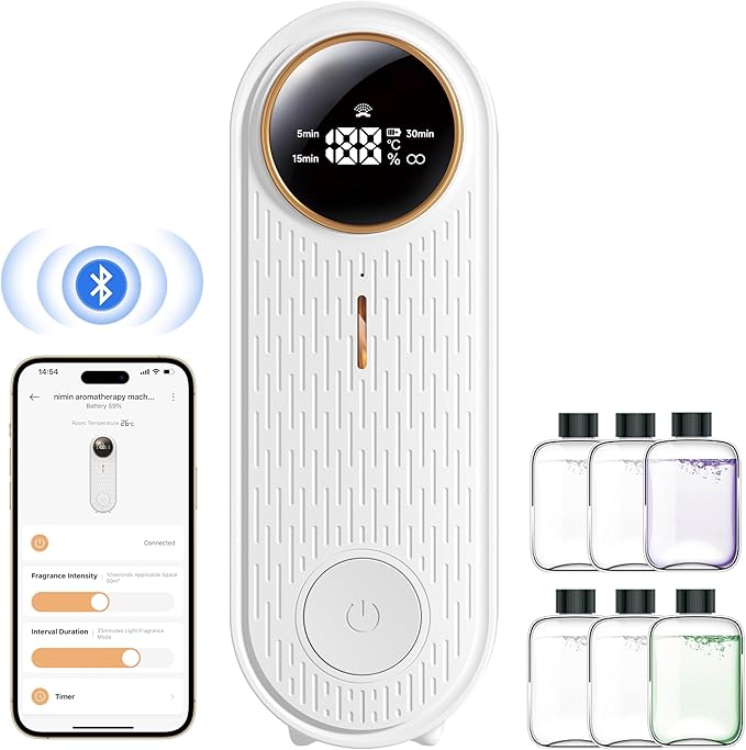 Essential Oil Air Freshener Diffuser with App Control - Waterless Aromatherapy Diffuser for Home, Office, Bathroom | 6 Essential Oils Included, Temperature Display