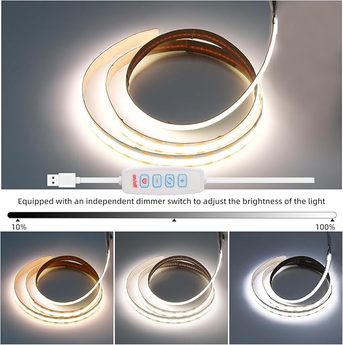 5V USB LED Strip Light 3.28ft Under Cabinet Tape Lights 1m Dimmable COB LED Lights 640LEDs 6000K White Cuttable LED Light Strip for Bedroom Sewing Machine DIY Lighting TV Backlight