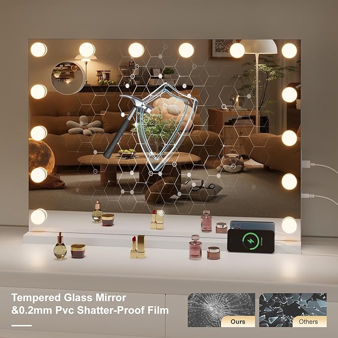Hasipu Hollywood Vanity Mirror with Lights and Bluetooth Speaker, 29" x 20" Makeup Mirror with 14 Dimmable LED Bulbs 3 Color Modes, 5X Magnifying Glass, Touch Control, USB and Type-C, Tempered Glass