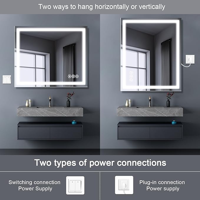 Led Bathroom Mirror with Light 48"x40" Frameless Lighted Vanity Mirror Wall Mount, Fogless, 3 Color Mode, Stepless Dimmable Front Light and Backlit, Smart Touch Sensor, Tempered Glass