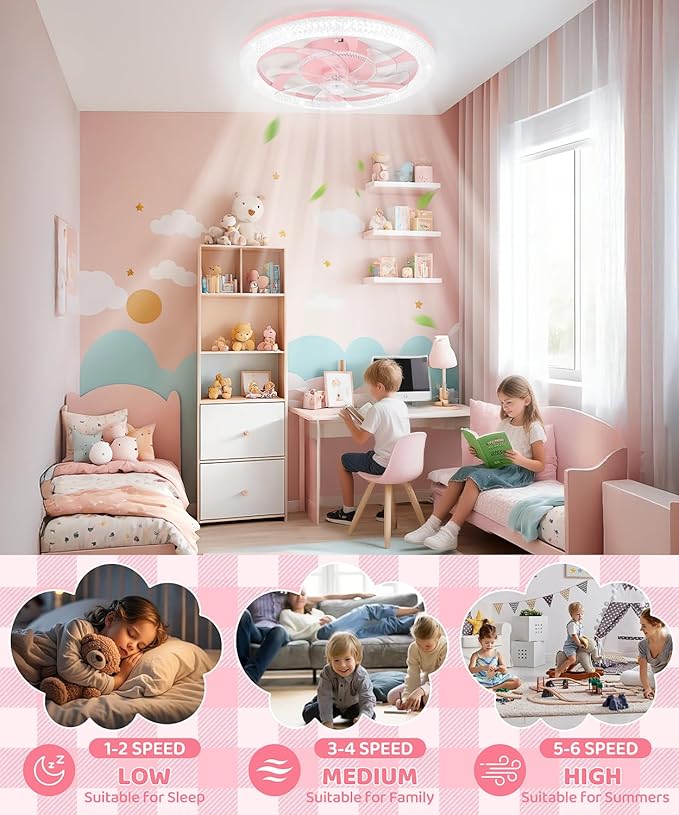 2 in 1 Wifi RGB-LED 20” Ceiling Fans with Lights and Remote, 3000-6500K Dimmable Flush Mount Smart Low Profile Ceiling Fan with Lights, Bluetooth Bladeless Fans with APP, for Bedroom, Pink
