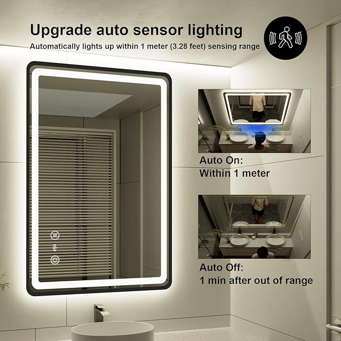 24x36 Inch LED Bathroom Mirror with Auto Sensor Lights, Black Framed Wall Bathroom Mirror, Backlit & Frontlit, Dimmable, Anti-Fog, 3 Colors, Memory Function, Smart Lighted Mirror for Vanity